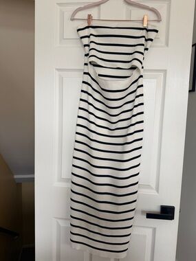 Striped Strapless Midi Dress in Cream and Black